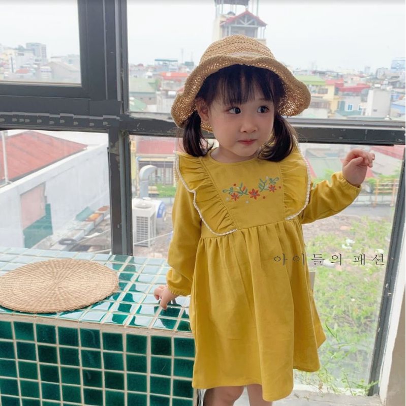 Đầm váy Linen thêu hoa bèo vai phối ren xuất Hàn cho bé