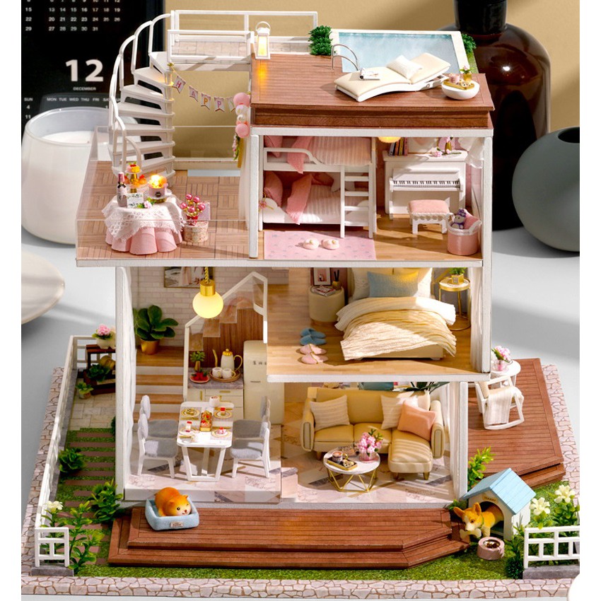 Mô hình nhà DIY Doll House Have a Nice Day Kèm Mica Chống bụi, Bộ dụng cụ, Keo dán và Bộ phát nhạc