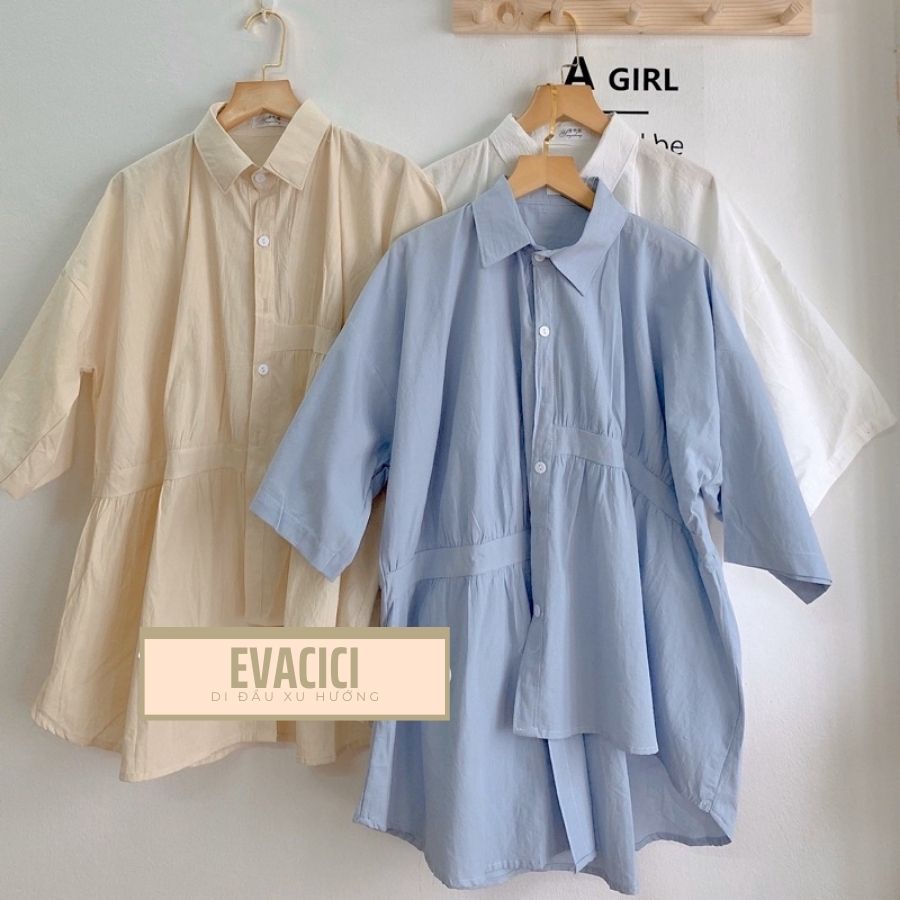 Áo Sơ Mi Nữ Vạt Lệch 3 Màu Cách Điệu form Hàn Quốc Siêu Xinh. Sơ mi cộc tay vạt lệch nhún cách điệu.