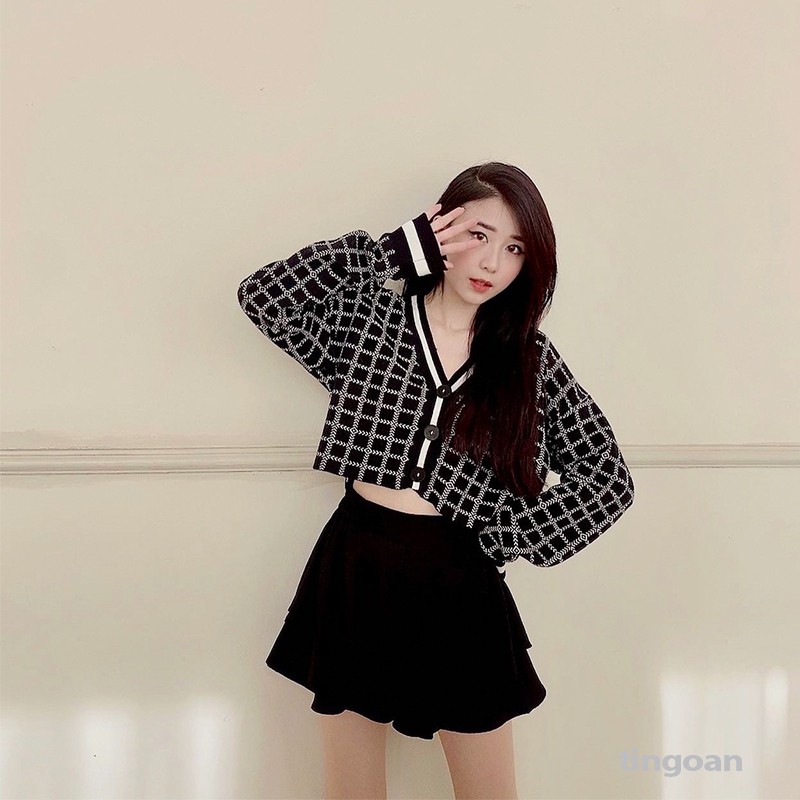 [Mã WABRTN02 giảm 10% ]Áo khoác cardigan crop caro đen tingoan MISS BLING TOP/BL | BigBuy360 - bigbuy360.vn