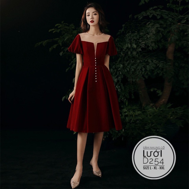Bigsize Đầm nhung cổ lưới D254