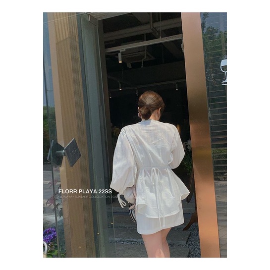 SET VÁY THÔ ĐŨI 3 MÓN yena.closet - Set đũi xước trắng sơ mi thắt eo kèm áo quây mix chân váy chữ A ulzzang