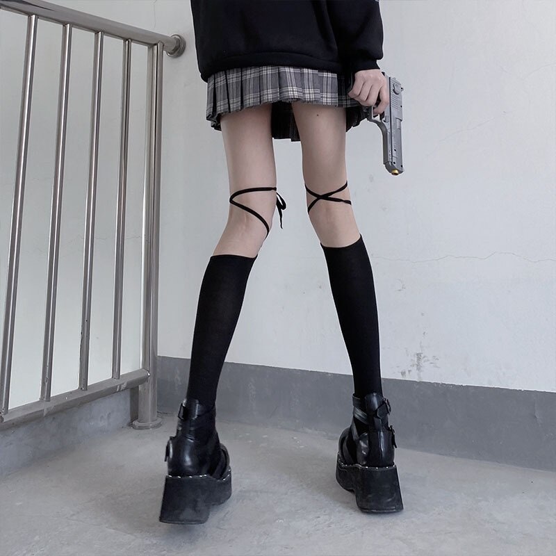 Japanese Cross Straps Knee High Socks Female Stockings Lolita Kawaii Cotton Bottoming Thigh High Socks Harajuku носки женские