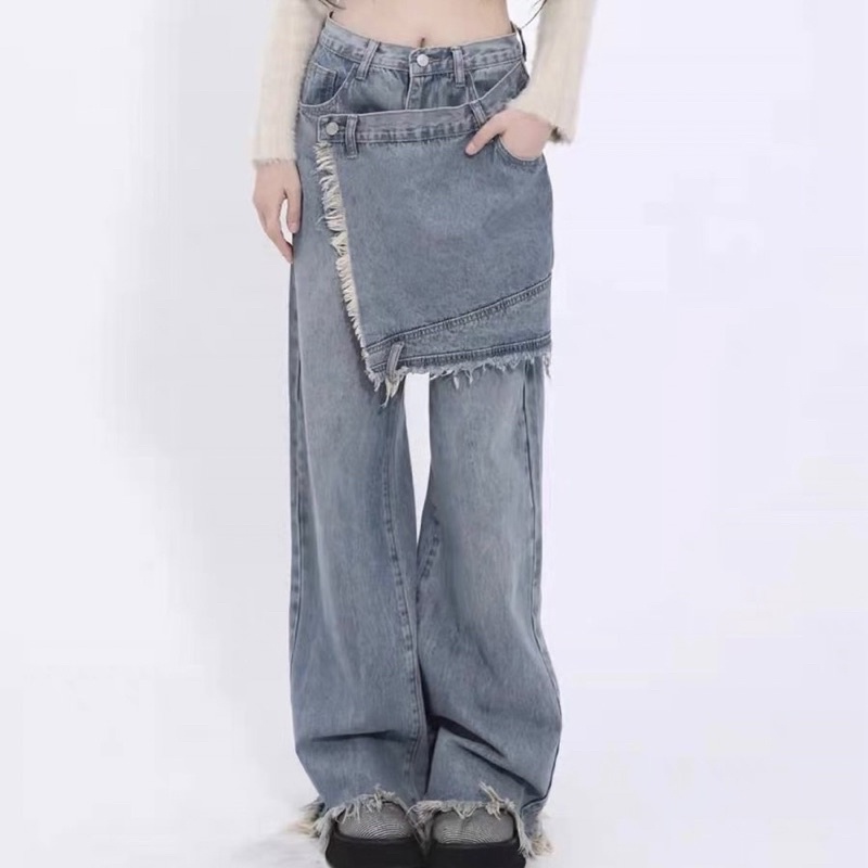 Quần jeans nữ ống loe tua rua đắp tà trước phong cách