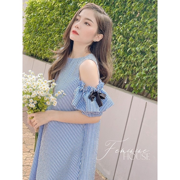 Đầm Rớt Vai Tay Nơ, đầm kẻ sọc, đầm suông xinh xắn, diện hè, đầm sọc phom suông.