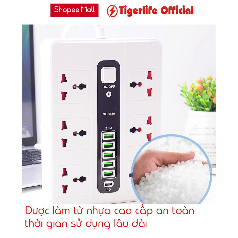 Ổ cắm điện đa năng Tigerlife GKKA39 Tích hợp 6 ổ cắm 6 cổng sạc 1 cổng sạc nhanh PD Chịu tải 2500w