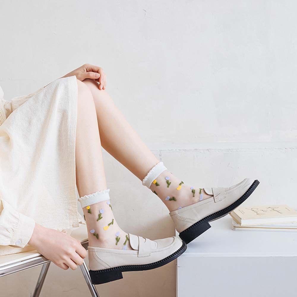 MXGOODS Tất Lưới Trong Suốt Thêu Hoa Đáng Yêu Cho Nữ