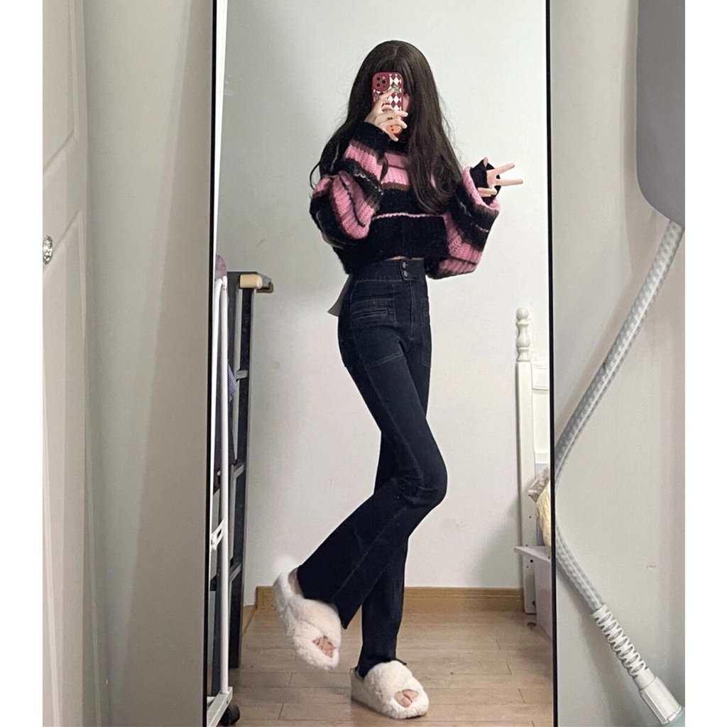 NUZIRO  Áo croptop  tay dài cổ tròn kẻ sọc đen trắng phong cách Hàn Quốc cho nữ