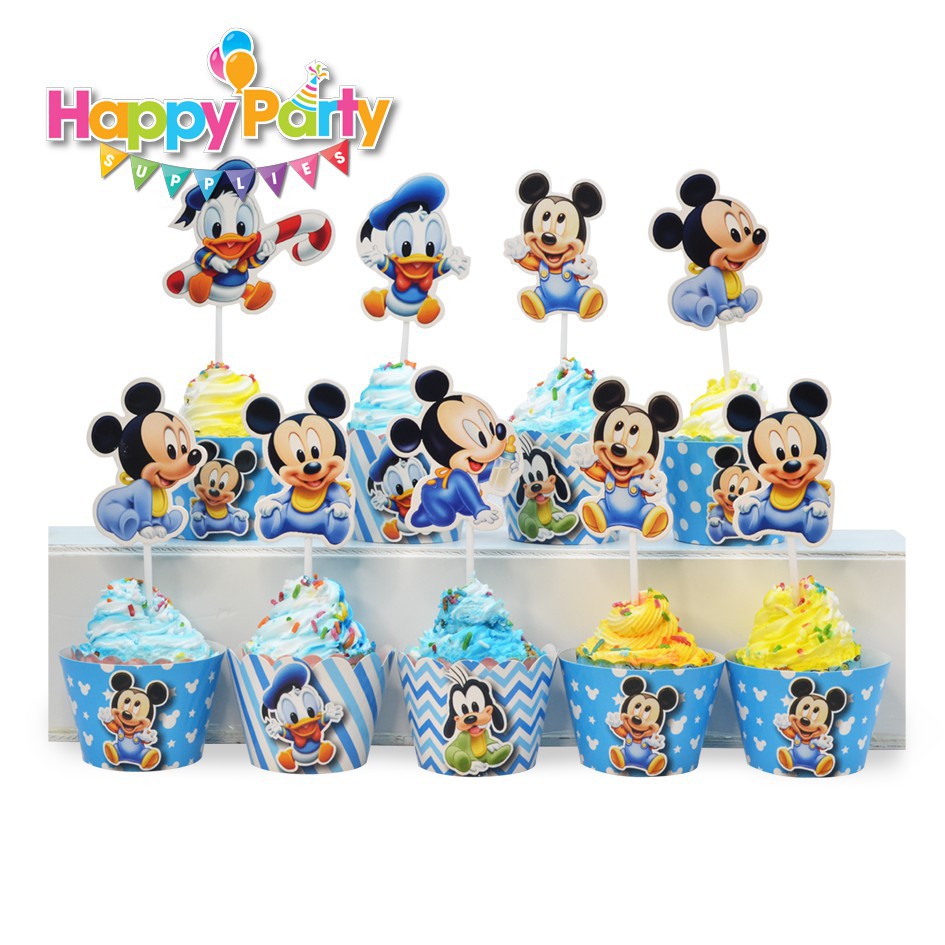 Set trang trí sinh nhật bé trai Bộ phụ kiện chủ đề Mickey xanh mini - mega - Happy birthday thôi nôi cho bé