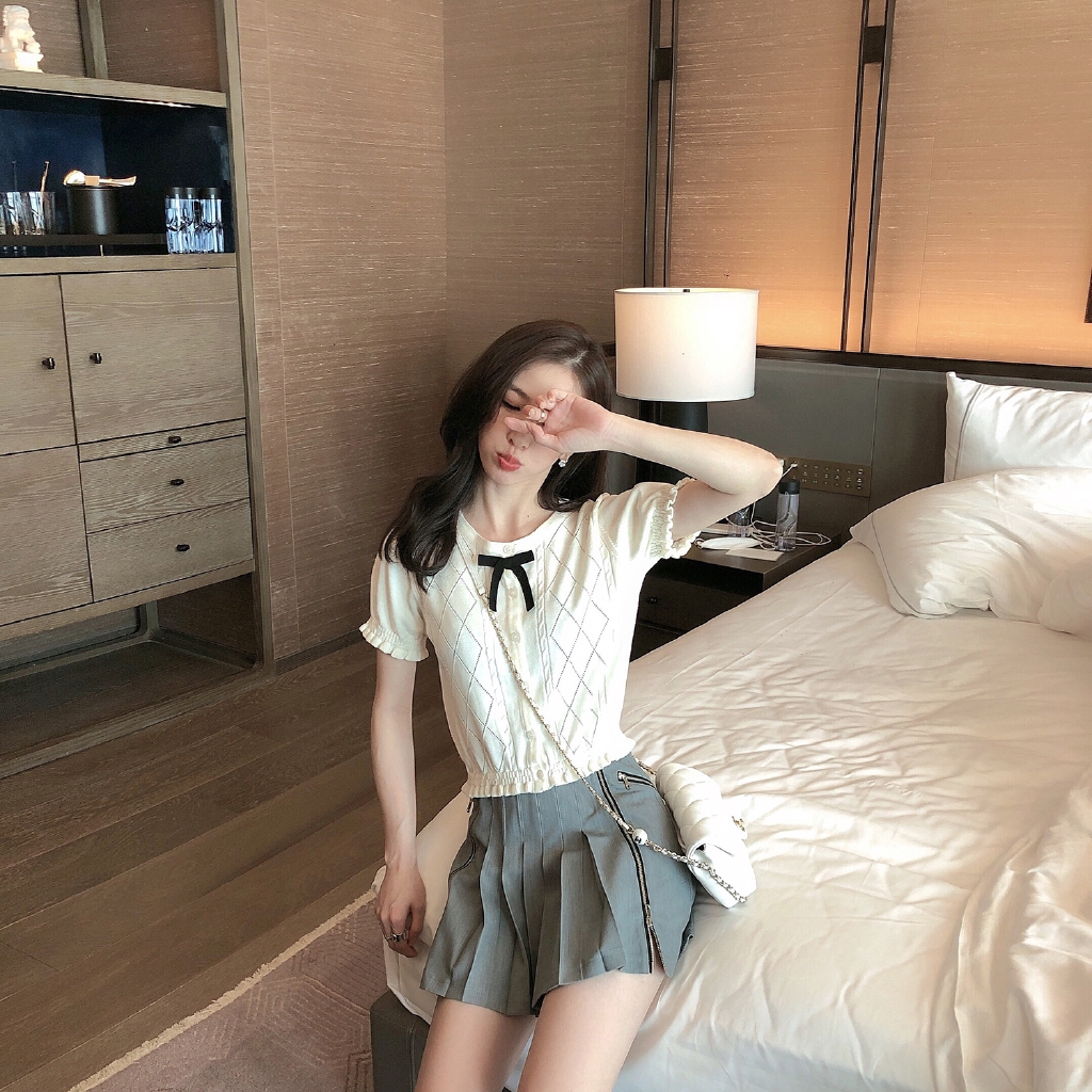 SUXI Áo Dệt Kim Tay Ngắn Phối Nơ Đáng Yêu Cho Phái Nữ