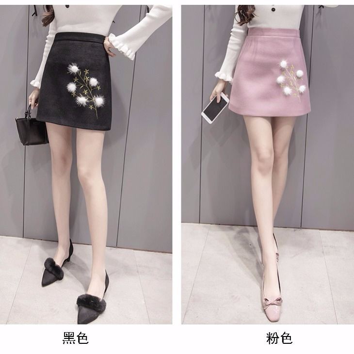 NEW Chân Váy Len Lưng Cao Thêu Họa Tiết Thời Trang Thu Đông 2019 Cho Nữ