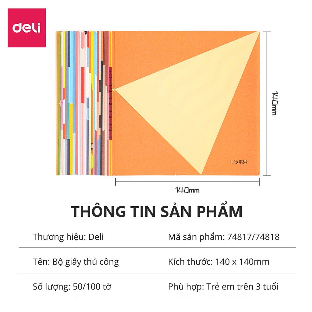 Bộ 50/100 tờ giấy thủ công origami Deli - In sẵn họa tiết kèm sách hướng dẫn, rèn luyện sự khéo léo cho bé - 74817/74818