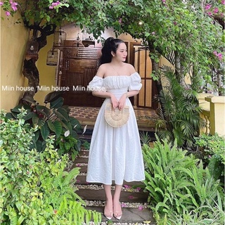 Váy maxi tay lửng xếp ly eo ngực