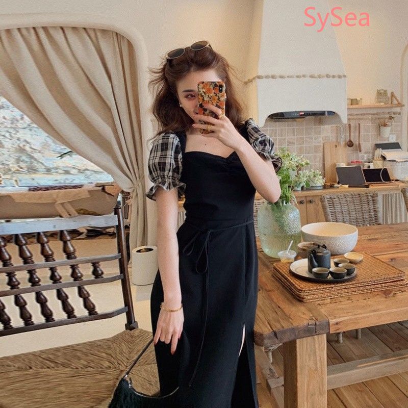 Đầm Tay Ngắn Họa Tiết Sọc Caro Thiết Kế Xẻ Tà Phong Cách Retro