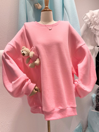 Áo sweater trơn dáng rộng đính chú gấu dễ thương phong cách Hàn Quốc cho nữ