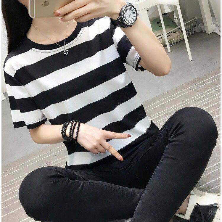 Áo Thun Tay Ngắn Dáng Rộng Họa Tiết Kẻ Sọc Thời Trang Cho Phụ Nữ Trung Niên