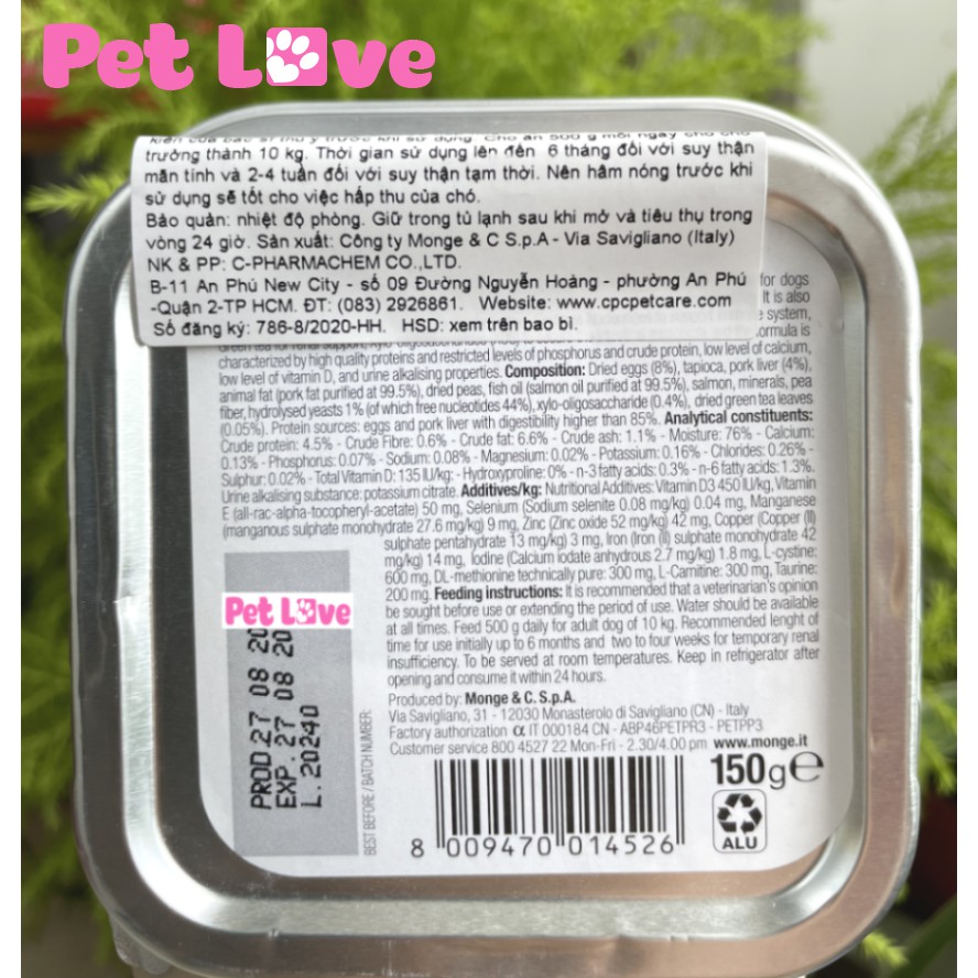 Pate cho chó mèo bị suy thận, ngăn ngừa sỏi thận (Monge, Ý)