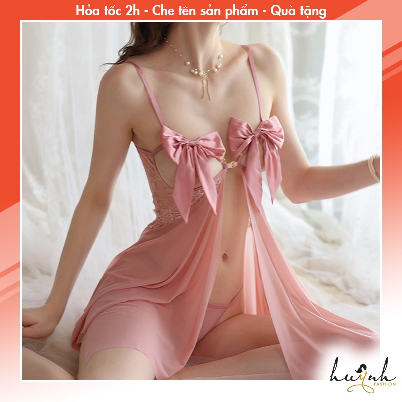 Váy Ngủ Xuyên Thấu Ren Phối Nơ Xẻ Tà Trước Có Khóa Cài Sexy Gợi Cảm - N97