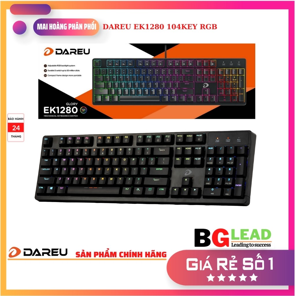 Bàn phím cơ Gaming DAREU EK1280 104KEY (RGB, Blue/ Brown/ Red D switch)