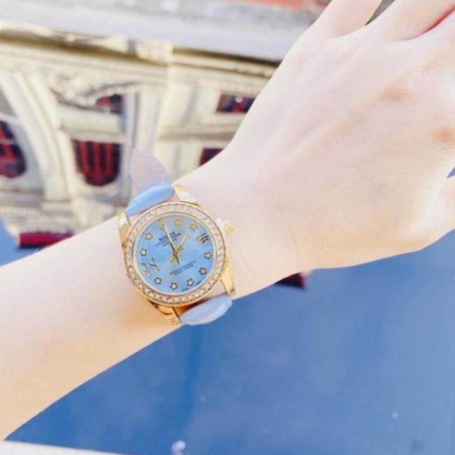 Đồng hồ Rolex nữ dây da viền kim cương nhẹ nhàng sang chảnh hottrend