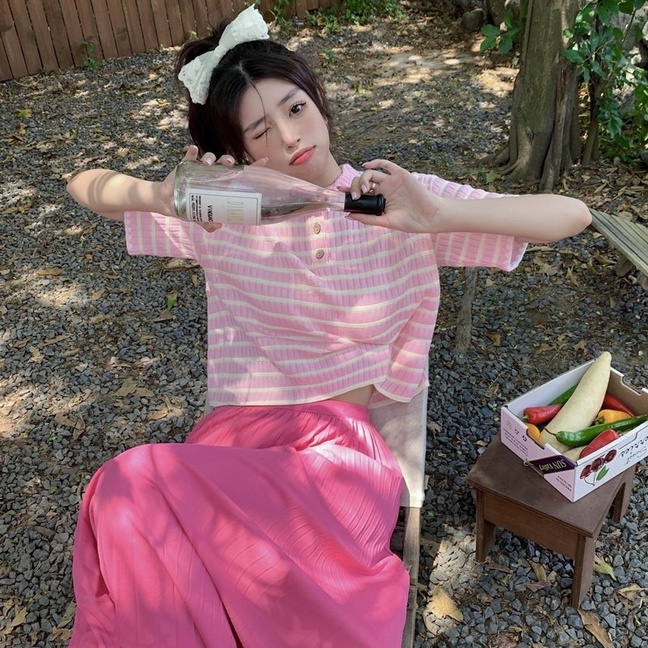 Áo thun polo dệt kim ZHELIHANGFEI tay ngắn dáng rộng họa tiết kẻ sọc thời trang cá tính cho nữ