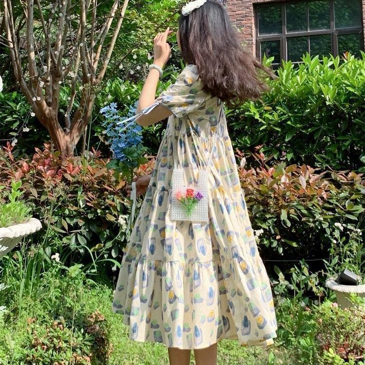 Đầm tay phồng lưng cao in họa tiết xinh xắn dành cho nữ