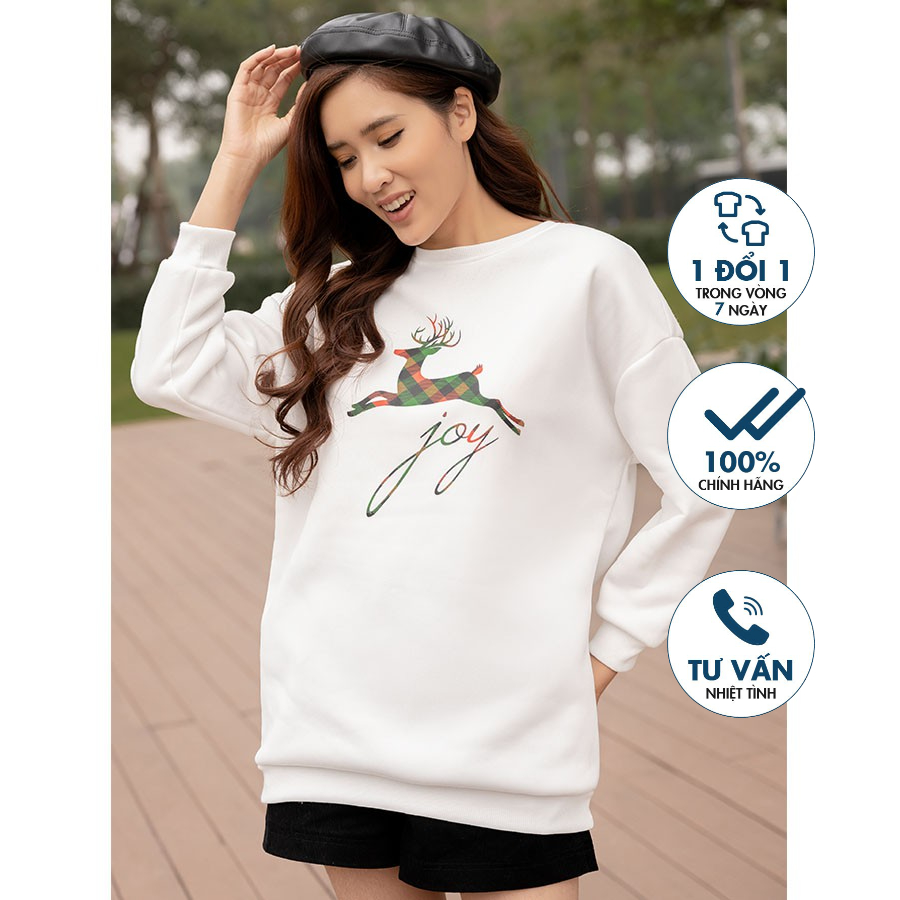 Áo nỉ nữ Emspo cổ tròn , bo viền tay và cổ, in hình tuần lộc ATL0465