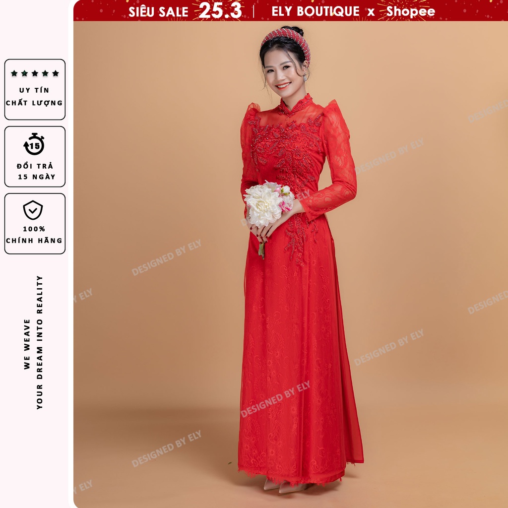 Áo dài cưới truyền thống cao cấp ELY Boutique thân đính kết hoa ren 3 lớp 6 tà