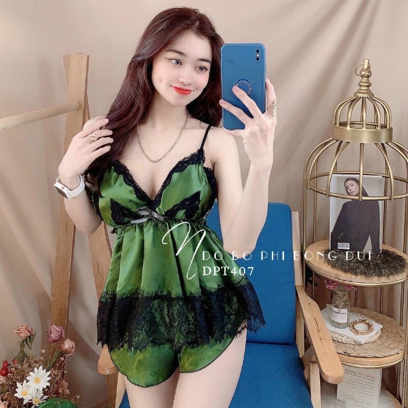 Đồ ngủ 2 dây phối renSiêu rẻĐồ ngủ sexy chất phi lụa có mút ngực free size 40-55kg