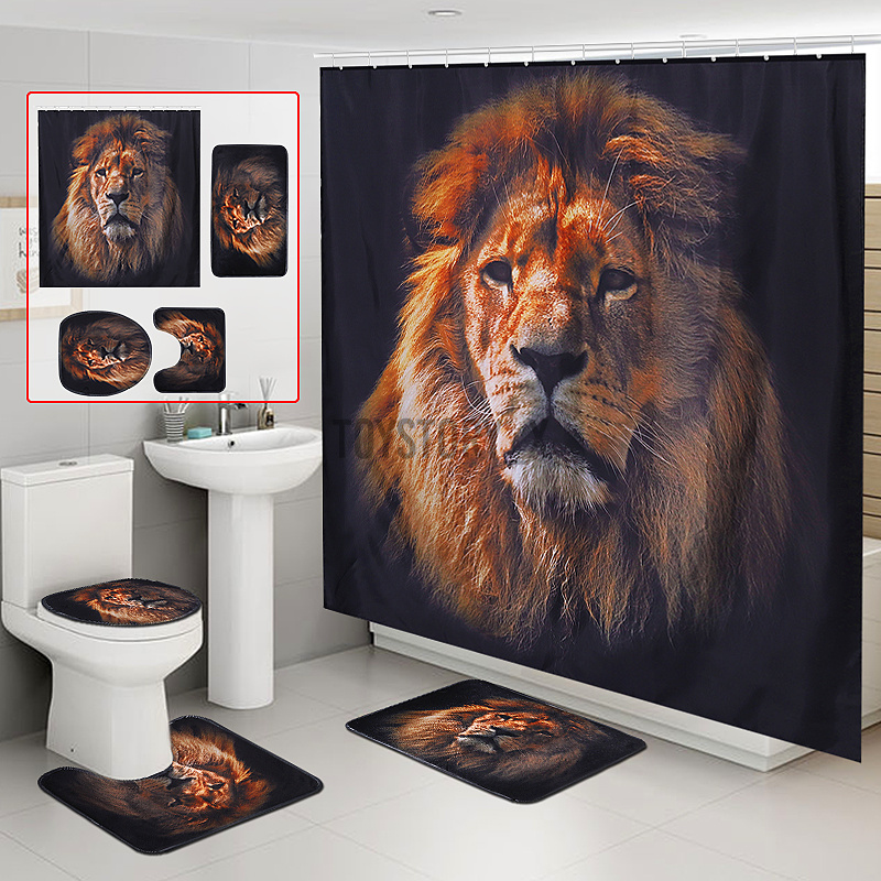 Lion Animal Shower Curtain Bath Pad Pedestal Rug Lid Toilet Mat Cover