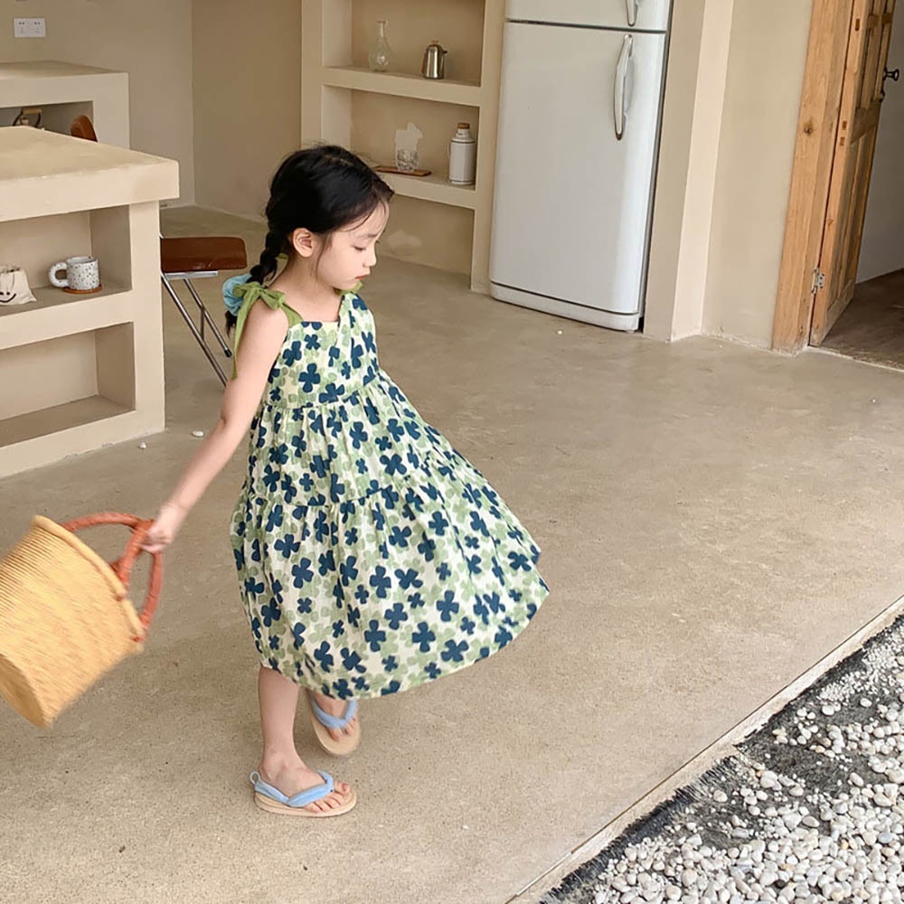 Đầm BEAR LEADER hai dây cột nơ họa tiết hoa thời trang mùa hè 2022 xinh xắn cho bé gái 3-7 tuổi