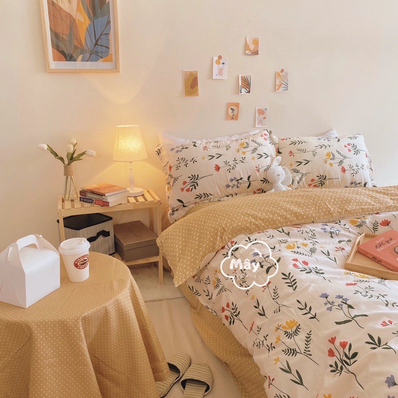 Bộ chăn ga gối Cotton Poly hoạ tiết hoa nhí nền màu xanh xám trắng hồng MÂY BEDDING đủ kích thước nệm
