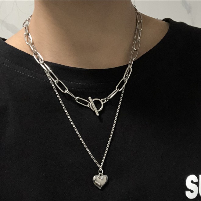 Bộ 2 dây chuyền trái tim xích móc lớn phong cách thới thượng