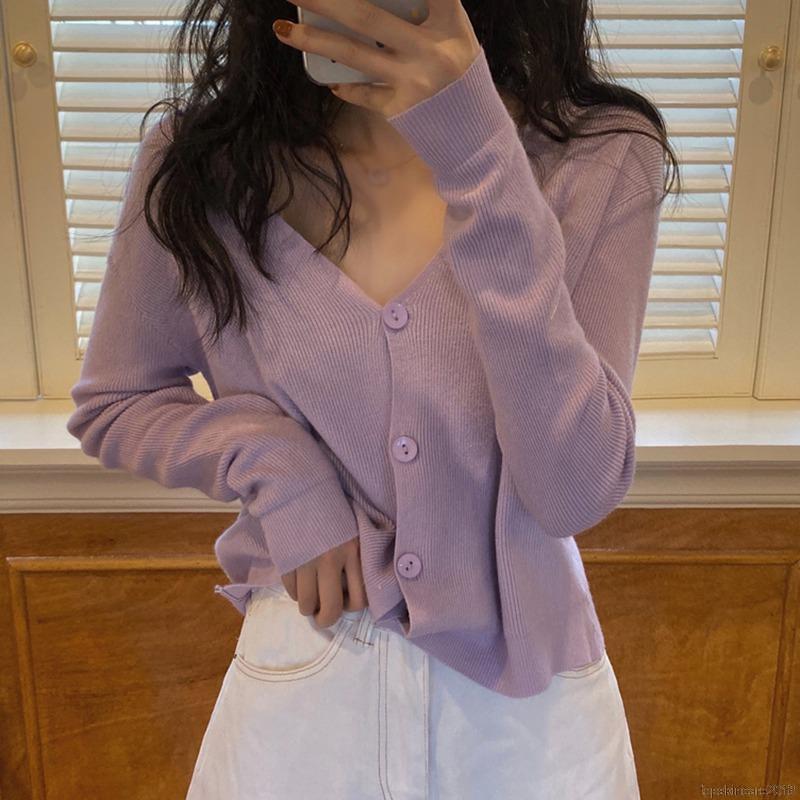 Fashion Women's Solid V-Neck Casual Long Sleeve Button Up Knitted Cardigan Tops