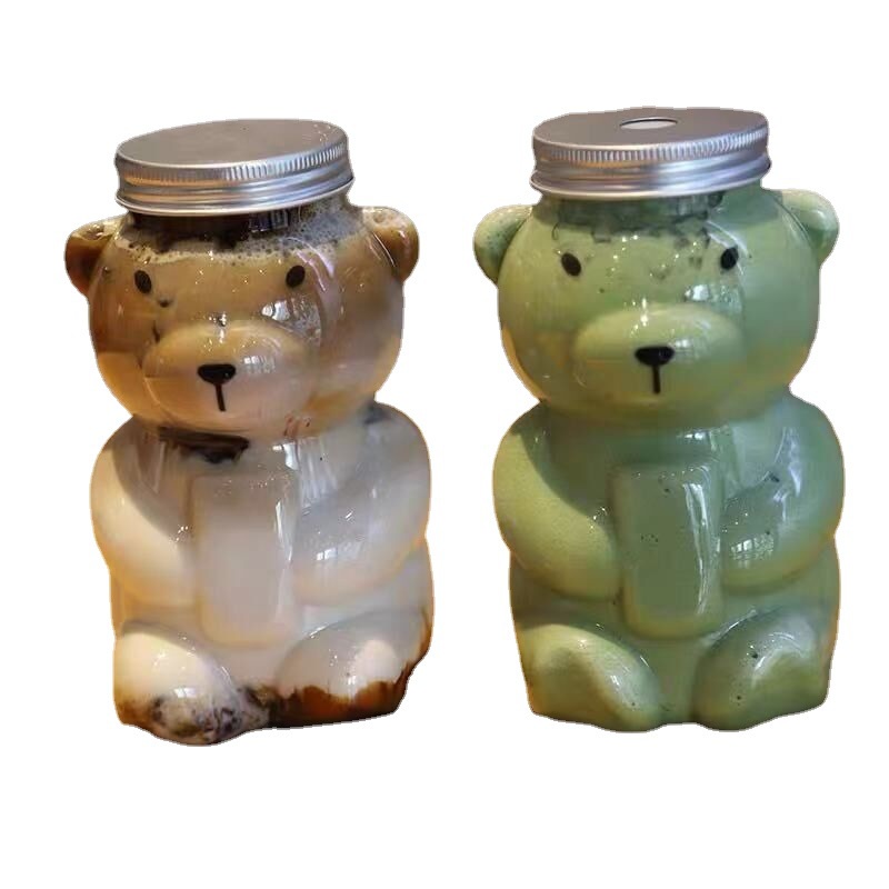 PVN33738 Bình chai nhựa PET hình gấu Teddy đựng trà sữa, nước ép hoa quả 420ml có nắp đậy bằng nhôm .