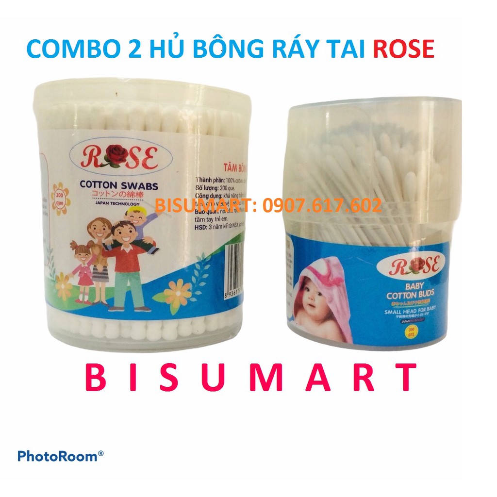 Combo 2 hộp tăm bông, bông ráy tai trẻ em và người lớn ROSE 200 QUE