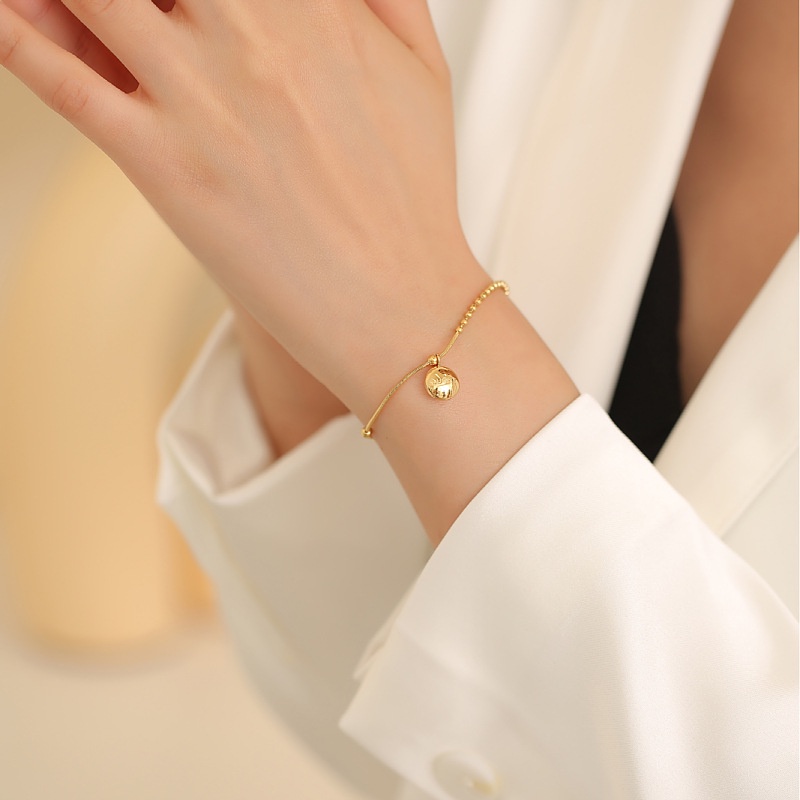 Lắc tay titan không gỉ, vòng tay titan mạ vàng 18k dạng bi tròn xinh xắn khắc chữ may mắn phong cách ins hàn quốc