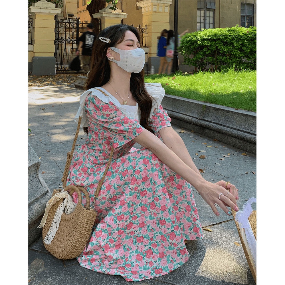 Đầm Hoa Tay Phồng Nhấn Eo Phong Cách retro Pháp Nữ Tính