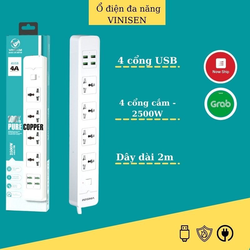 ổ điện đa năng Vinisen 4 cộng USB 4 rắc cắm dây dài 2m