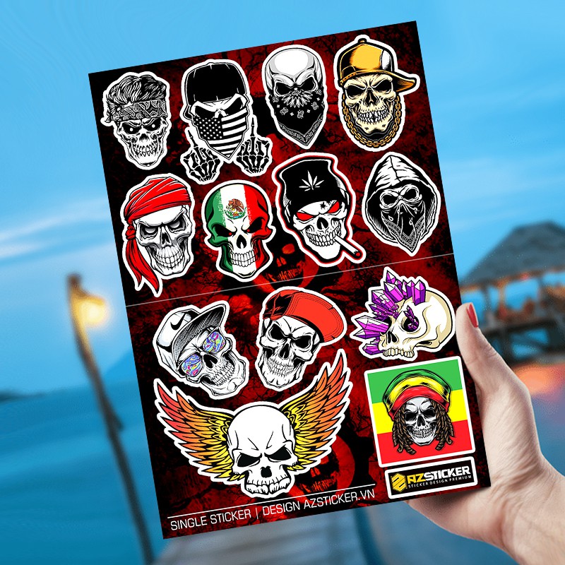 Set  Single Sticker Hình Đầu Lâu Skull Siêu Ngầu Dán Xe Máy , laptop , Vali ,Điện Thoại Không Thấm Nước