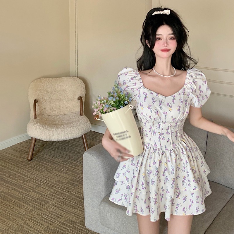 Đầm Tay Phồng Ngắn Cổ Vuông Ôm Eo In Họa Tiết Kiểu Retro Hàn Quốc Xinh Xắn Cho Nữ