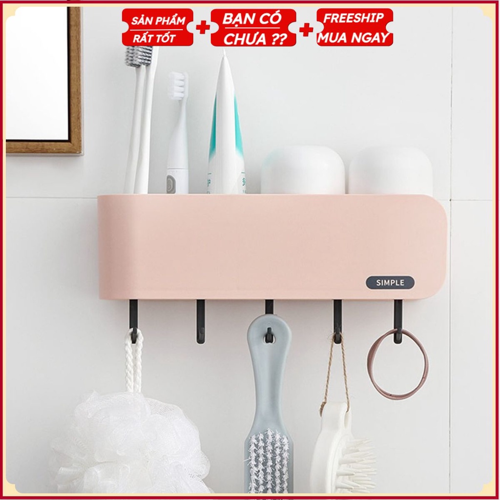 Khay Giá Để Bàn Chải, Cốc, Tuýp Kem Đánh Răng H9 - CHỮ SIMPLE Mới Về (Có 5 Móc Treo Đen + Kèm 2 Cốc) US906