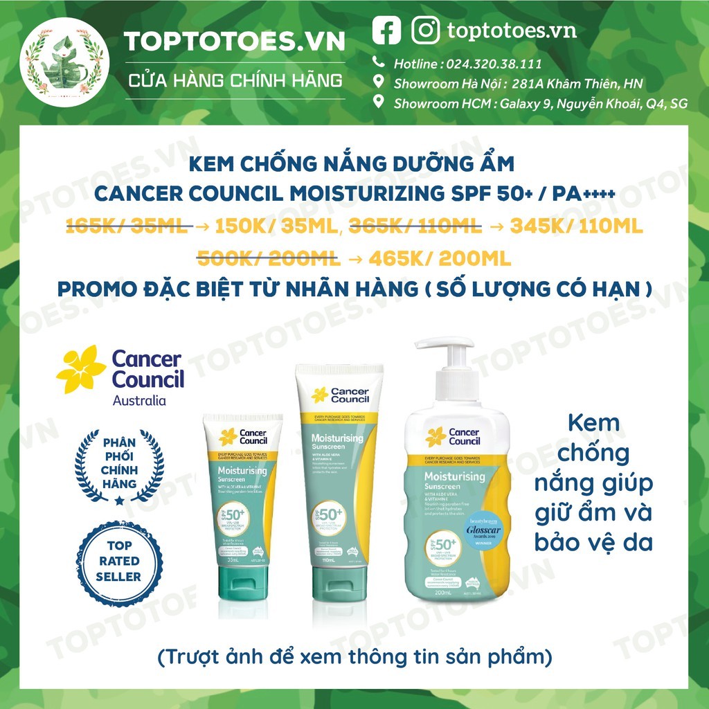 [Mã SKAMPUSH11 giảm 10% đơn 200k] Kem chống nắng Dưỡng ẩm Cancer Council Moisturizing SPF 50+/ PA ++++