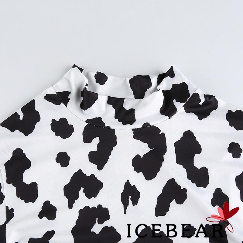 Áo Crop Top Dài Tay Cổ Cao Họa Tiết Da Bò Sữa Dễ Thương Cho Nữ