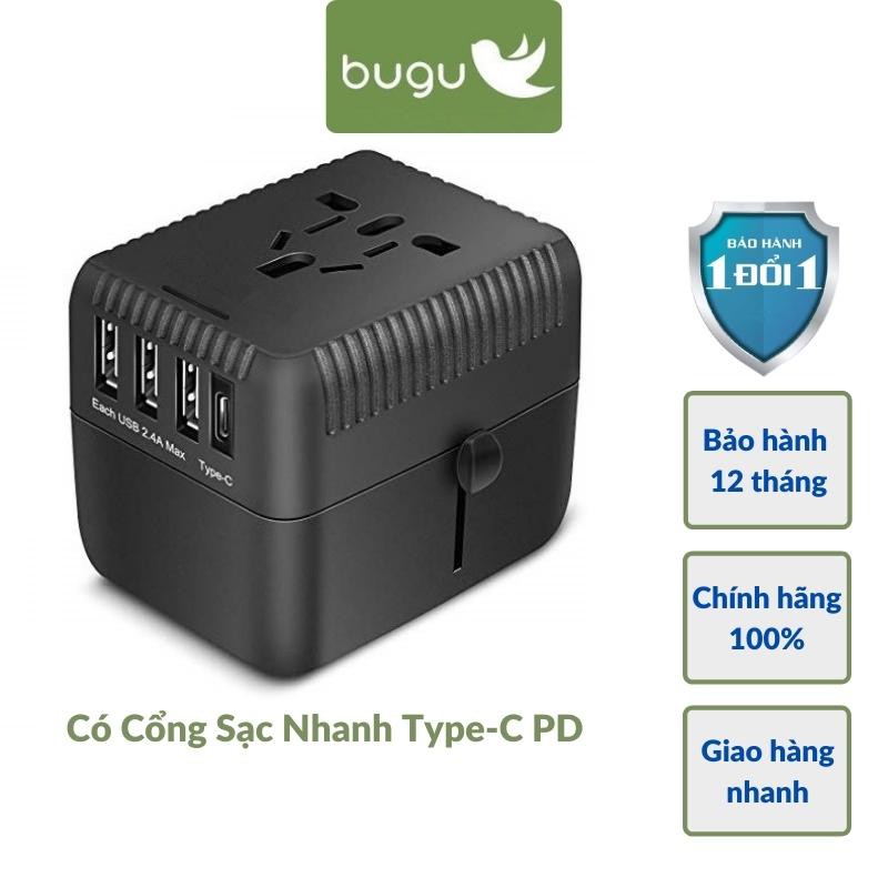 Ổ Cắm Điện Đa Năng Thông Minh Phích Cắm Chuyển Đổi Với 3 Cổng USB + 1 Cổng Sạc Nhanh Type C / Type-C PD Bugu HHT528