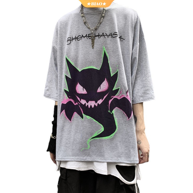 Streetwear Fashion Korea Oversized Shirt Dark Pokémon Printing T-shirt Tie-dye Hip Hop Loose Fit Plus Size Tee Short Sleeve for Men and Women 【BIOAKU】