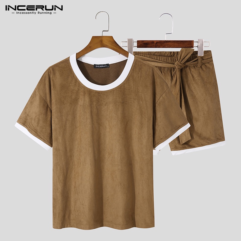 INCERUN Set Áo Thun Ngắn Tay Cổ Tròn Và Quần Short Thời Trang Mùa Hè Cho Nam
