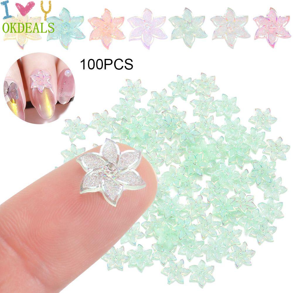 Bộ 100 Phụ Kiện Hoa Đính Móng Tay 3D Lấp Lánh Bằng Nhựa Resin Thời Trang Dành Cho Nữ