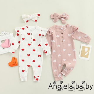 HIAN-Áo liền quần cổ thuyền dài tay in hình trái tim và nơ cài đầu màu hồng/trắng cho bé gái
