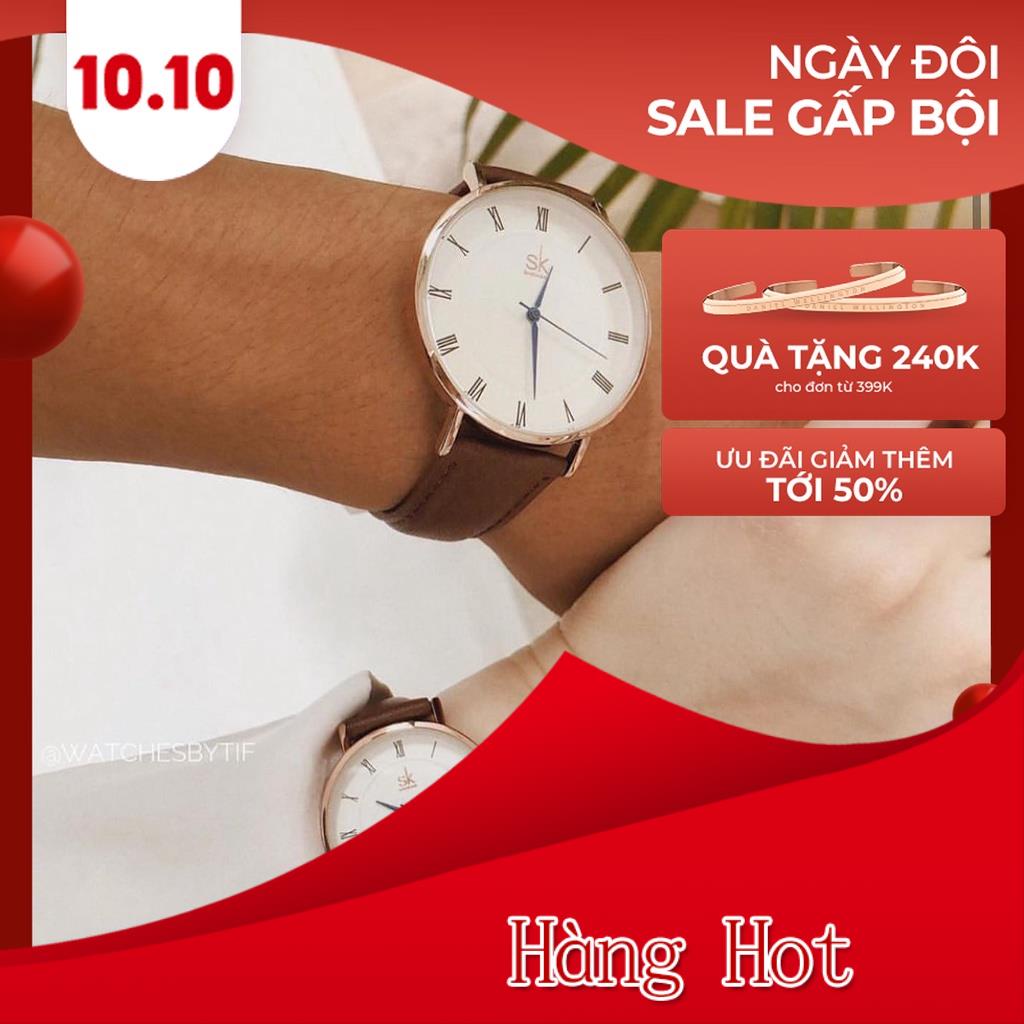 Đồng hồ nam nữ SHENGKE da nâu kim xanh mặt số la mã (size 28mm/40mm)